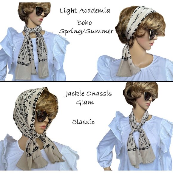 Vintage La Belle Creole Paris Silk Scarf Beige Black Chain Print 42inx10in Glam - Picture 3 of 11